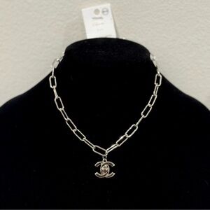 White Gold Dipped Silver  Brass Chain Necklace with Logo Pendant